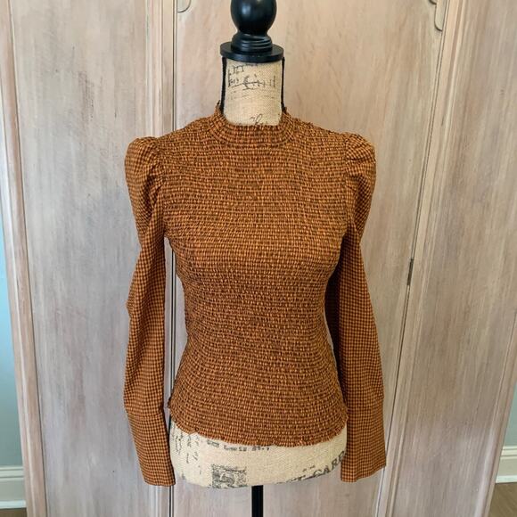 Scotch & Soda Smocked High Neck Top brown check gingham puff sleeve blouse FallS - Picture 2 of 15